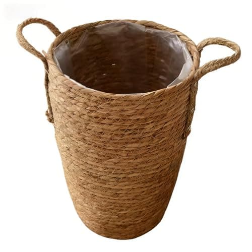 Woven storage baskets on an organized shelf