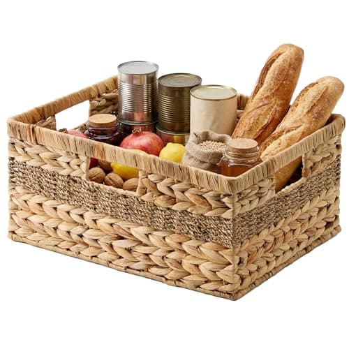 Woven storage baskets on an organized shelf