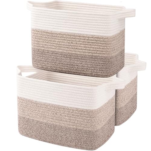 Woven storage baskets on an organized shelf