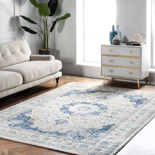A textured area rug anchoring a living room