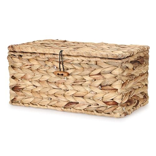 Woven storage baskets on an organized shelf