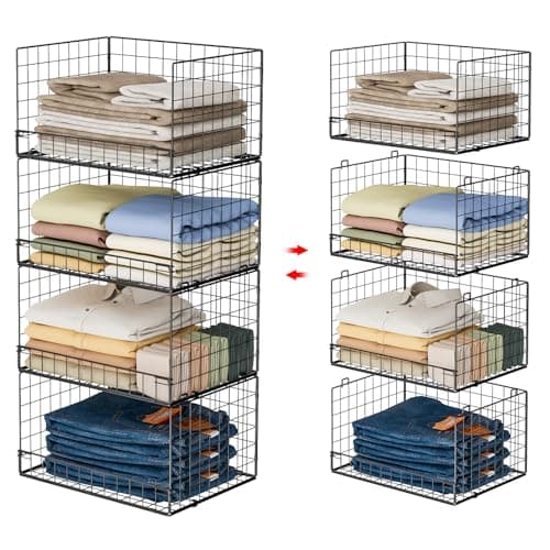 An organized closet with storage bins and baskets