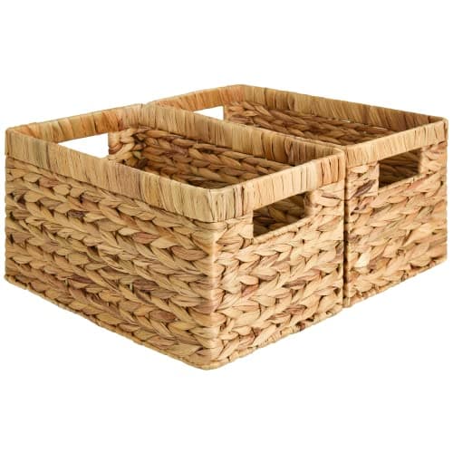 Woven storage baskets on an organized shelf