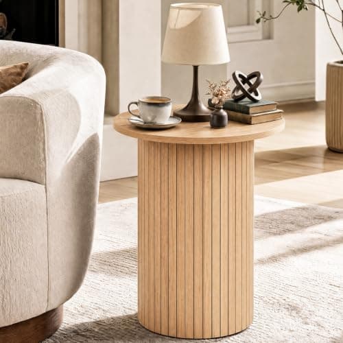 A styled wood coffee table in a living room