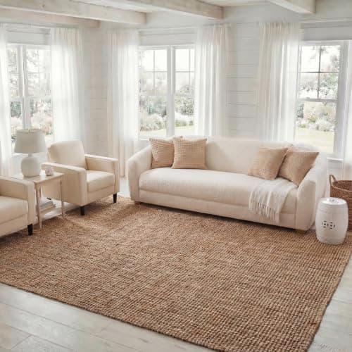 A textured area rug anchoring a living room