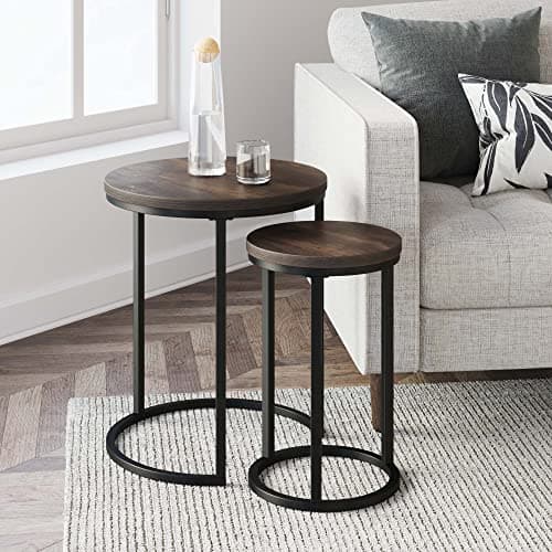 A styled wood coffee table in a living room