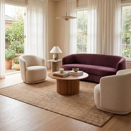 A textured area rug anchoring a living room