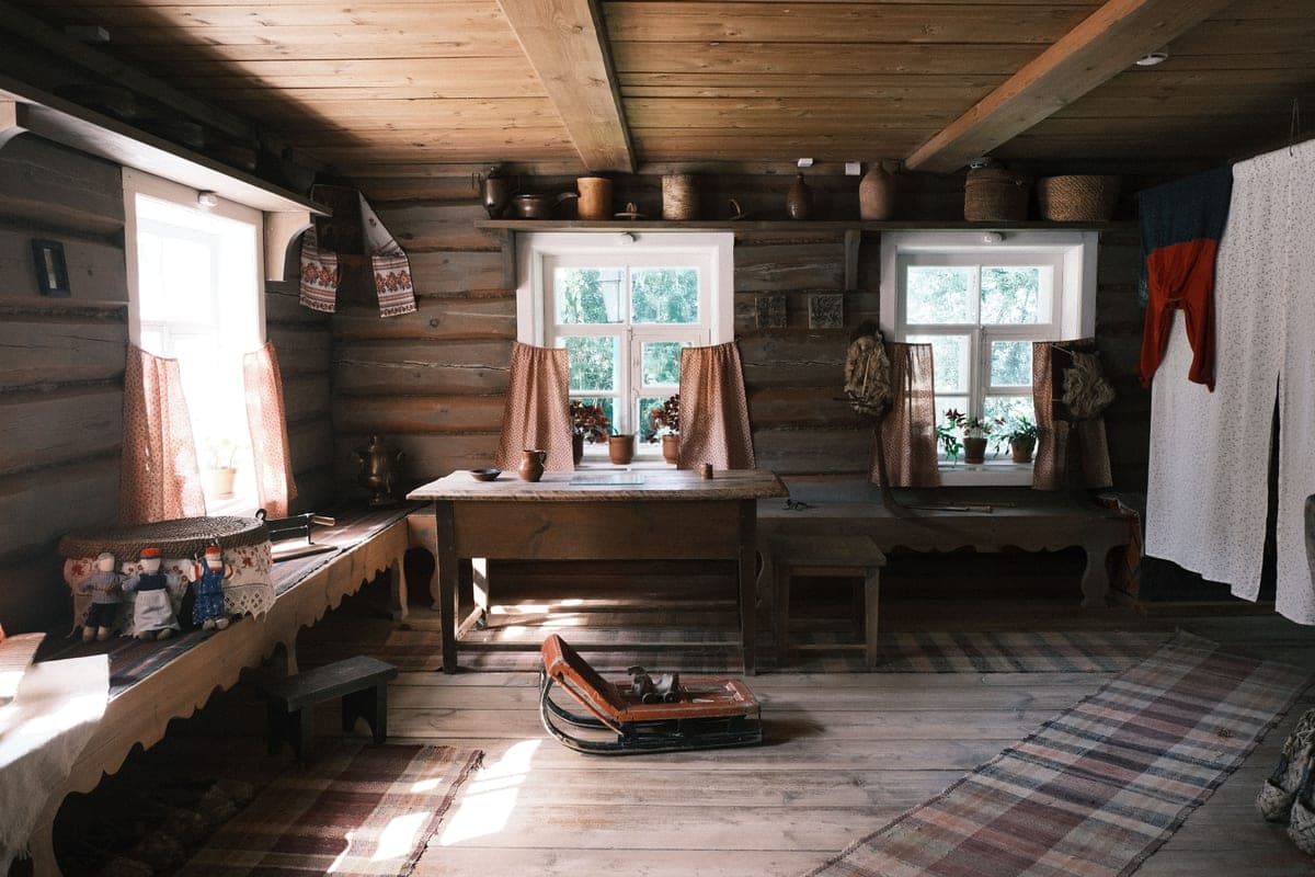 A rustic room with natural wood and warm textures