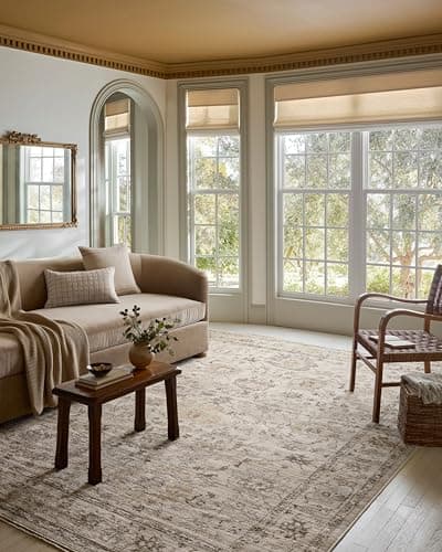 A textured area rug anchoring a living room