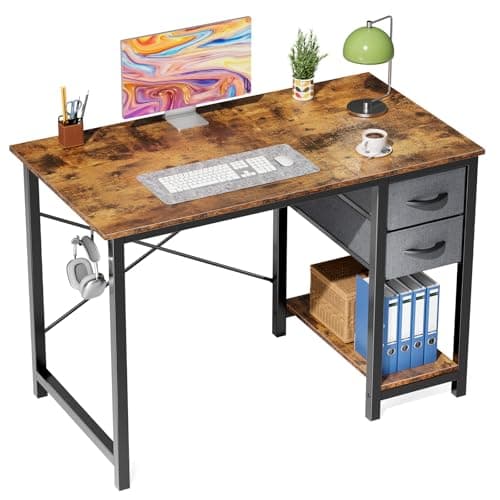 A home-office desk and chair in a warm workspace