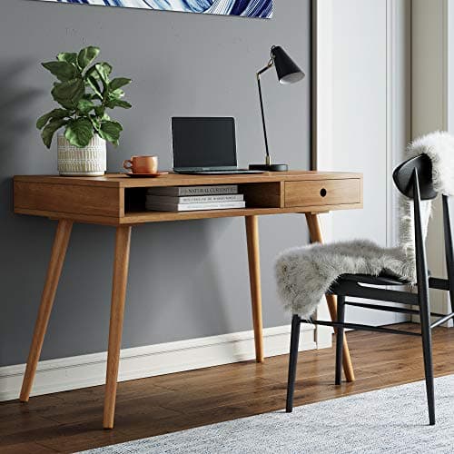 A home-office desk and chair in a warm workspace