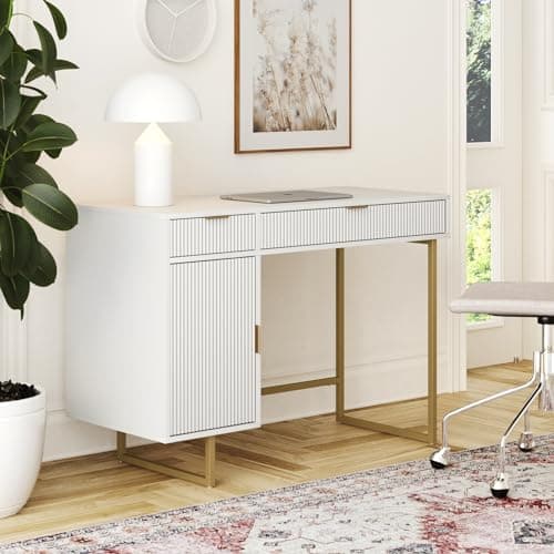 A home-office desk and chair in a warm workspace